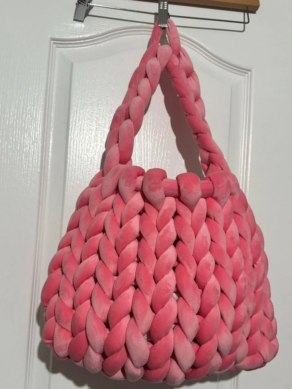 New Velour Handwoven Chunky Knit Pink Tote Bag